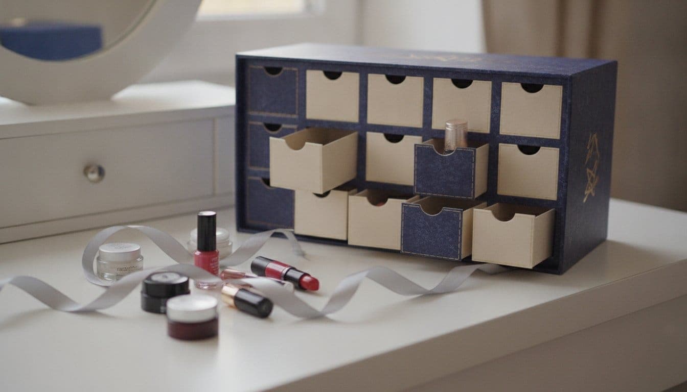 Calendrier de l'avent beauté ouvert avec des miniatures de soin sorties des cases