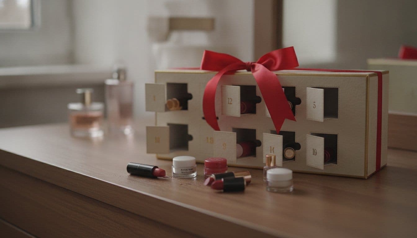 Calendrier de l'avent beauté ouvert avec des miniatures de soin sorties des cases